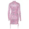 Casual jurken dames sexy v-neck lange mouw bloemen mini-jurk meisje lente zomer holle out roze buik veter plooienvestidos