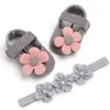 Primeiro Walkers Bowknot Flower Princess Shoes Fand Head Set Soled Soled Criança Infantil Baby Knit Pattern Single Single