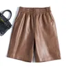 Women's Shorts Capable Fashionable Stylish 100% Leather Five-Point Pants For Women Femme Elastic Waist Wide Leg Bermuda Shorts With Pocket 230227