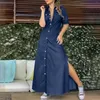 Casual jurken Spring Fashion Slim Blue Denim Dress High Slit Solid Single Breasted Maxi Turn Down Collar Long Sleeve Streetwear