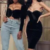Kadın Tişörtleri Kadın Seksi Bodycon Uzun Kabarcık Kolu Velvet Grop Üst Kare Boyun Tek Göğüslü Retro Siyah Korse Kulüp Kıyafetleri