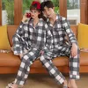 Kvinnors sömnkläder par pyjamas Set Autumn Winter Cotton Women Pyjamas Men Lovers Long Sleeve Sweet Cardigan Plaid Pijama