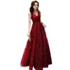 Abiti casual N1128 Luxury scollo a V rosso scuro lungo donna elegante abito con lacci sul retro abito formale ragazza pavimento-lunghezza abito da ballo per la festa nuziale