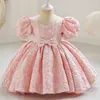 Robes de fille Robe de fille en bas âge Style Court Vintage Bow robe de mariée manches à bulles enfants fête porter robe de princesse robes de bébé fille