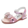 Sandales Argent brillant enfants sandales pour fête mariage passerelle douce princesse arc strass bout ouvert talon bas enfants mode filles chaussures Z0225