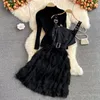 Casual Dresses Clothland Women Sexy Black Dress Long Sleeve Shirt Feather Suspender Midi Two Piece Set Chic Suit QB534