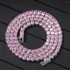 Цепи Bling Pink Color циркон 1 ряд теннисной цепной ожерелье Хип -хоп ювелирные украшения медные материалы для мужчин.