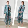 Womens Sleepwear Lisacmvpnel 3 Pcs Ice Silk Printed Pajamas Mid Length Belt Robe Sexy Suit Pyjamas 230227