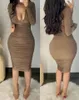 Casual Dresses Plunge Ruched Long Sleeve Bodycon Dress Sexy Party V-neck Elegant For Women