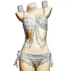 Stage Wear Shining Silver Sexy Female Beading Spaghetti Strap Bikini Pole Dance Costume Bar Nightclub DJ Clothing Rave Outfits