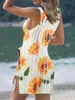 Dames badmode vrouwen bikini cover-ups mouwloze uitsparing doorzichtige blouse v nek stropdas kleurstof/zonnebloem afdrukken mini jurk