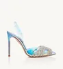 2023 صيف فاخرة مضخة العروس Slingback الكعب Gatsby Sandals أحذية النساء مضخات Slingback Pumps Crystal Dlists PVC Toecaps مدببة إصبع القدم عالي الكعب EU35-43