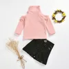 Kledingsets 1-5-jarige meisjes outfits peuter lange mouw roze coltrui trui trui tops pu mini rok lente herfstpakken