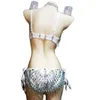 Stage Wear Shining Silver Sexy Female Beading Spaghetti Strap Bikini Pole Dance Costume Bar Nightclub DJ Clothing Rave Outfits