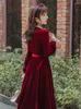 Casual Dresses Long Sleeve Vintage Red Velvet For Women 2023 Christmas Party Dress Elegant Lace O-Neck Sweet High Quality