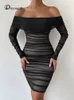 Casual Dresses Dressmecb Off Shoulder Mesh Party Dress Women Clothing Sexy Club Backless Ruched Bodycon Long Sleeves Autumn Vestidos 230227