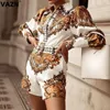 Dames Tweede stuk broek goederen in voorraad Vazn Elegante print Vneck Rompers Jumpsuit Sexy Fashion Full Sleeve Shinny Bandage Short Pant Playsuits 230227