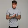 Men's Casual Shirts Arrivals Summer Man Short Sleeve Shirt Solid Fitness Mens Stand Collar Super Slim Fit Business Dress Shirt Button Gym Tops 230227