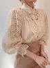 Kadınlar bluz gömlekleri taylı manşon standı yaka içi boş çiçek dantel patchwork gömlek femme blusas tüm maç kadın bluz düğmesi beyaz üst 12419 230227