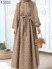 Ropa étnica Zanzea Mujeres Manga larga Impreso Floral Casual Vestido musulmán Vintage Dubai Turquía Abaya Hijab Lace Up Robe Islámico 230227