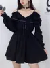 Casual Dresses JMPRS Large Size Gothic Women Black Mini Dress Sexy Off Shoulder High Waist Tunic Ladies Party Dress Long Sleeve V Neck Vestidos 230227