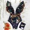 Sexy Biquíni Tanks Swimsuit 2022 Novo Priffeto Floral One peça O ombro Mulheres de banho de banho sólido Solid Deep-V Beachwear Suit de maiô Monkini