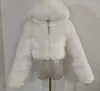 Abrigo de piel sintética para mujer, abrigo corto con capucha de imitación de manga larga, empalme, en Stock, invierno 2023