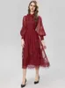 Casual Dresses Moaayina Fashion Runway Dress Spring Women Mesh Lantern Sleeve Brodery High midje Vintage Red Party