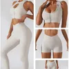 Yoga-Outfits, Trainingskleidung für Damen, nahtlos, geripptes Ausschnitt-Reißverschluss-Crop-Top, Tank-Shorts, Stretch-Sport-Leggings, Yoga-Set, Outfits, Fitnessstudio-Set 230227