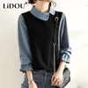 Kvinnors blusar skjortor Spring Autumn Korean Style Doll Collar Office Lady Fake Two Piece Elegant Pullover Top Women Long Sleeve Slim Wild Blus Shirt 230227