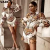 Dames Tweede stuk broek goederen in voorraad Vazn Elegante print Vneck Rompers Jumpsuit Sexy Fashion Full Sleeve Shinny Bandage Short Pant Playsuits 230227