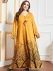 Etniska kläder plus storlek muslimsk klänning för kvinnor mode gul randig tryck v hals långärmad avslappnad sommarkläder 2023