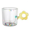 Wine Glasses 250ml Double Wall Glass Mug Cup With Flower Glitters Inside And Shaped Handle For Coffee Water Milk Juice Heat Insulation