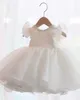 Vestidos de menina manga comprida vestidos de menina de menina miçangas de batismo de arco para princesa 1 ano para festa de casamento vestido de casamento de batismo w0224