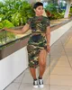 2023 Designer Camouflage Dress Set Summer Women kläder Kort ärm Pullover T-shirt Topp och delad kjol Tvådeluppsättningar Casual kjoldräkter Bulkartiklar 9353