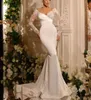 Eleganti abiti da sposa a sirena maniche lunghe scollo a V profondo pizzo applicazioni di raso paillettes perline lunghezza del pavimento treno staccabile perla abiti da sposa eleganti abiti da sposa