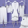 Damen-Nachtwäsche, weiße Hochzeit, 5-teiliges Robe-Pyjama-Set, sexy Spitzenbesatz, Nachthemd, Bademantel, Frühling, Sommer, weiblicher Pyjama, lose Satin-Homewear