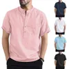 Men's Casual Shirts Causal Cotton Linen Short Sleeve Basic Tops Summer Solid Colour Pullover Buttons Male Clothes Homme 230227