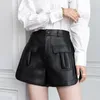 Women's Shorts Women Fashion High Waist Wide Leg Sheepskin Genuine Leather Pockets Loose Fit Cargo Boot Cut Trousers Streetwear