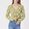 Women's Knits H9ED Women Crochet Geometric Floral Pattern Sweater Long Sleeve Button Up Hollow Out Knit Autumn Cropped Cardigan