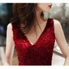 Casual jurken N1128 Luxe V-hals Dark Red Long Women Elegant Lace Up Back Robe Formele jurk Girl Floor Length Wedding Party prom jurk