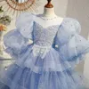 Cute Flower Girl Dresses For Wedding Sky Blue White Lace Floral Appliques Tiered Skirts Girls Pageant Dress A Line Kids Birthday Gowns 403