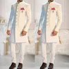 Men's Suits Fashion Design White Stand Collar Single Breasted Ethnic Tuxedo Groom Long For Men Wedding Formal Slim Fit Wear 2Pc