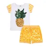 Kleidungssets Mädchen Lässiges zweiteiliges Kleidungsset Sommer Gelbe Ananas Bedrucktes Muster Rundkragen Kurzarmoberteile und Paillettenshorts