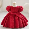 Robes de fille Robe de fille en bas âge Style Court Vintage Bow robe de mariée manches à bulles enfants fête porter robe de princesse robes de bébé fille