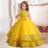 Vestidos da menina Nova lantejoulas meninas infantis elegante casamento pérola pétala menina vestido princesa festa beleza concurso sem mangas rendas tule 3-12 anos