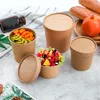 Kraft Paper Cups Soup Bowls Containrar Glass Kraft Mat engångsdessertkopp med lock