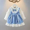 Meisjesjurken herfst babyjurk met lange mouw geboren rok katoen schattig boog baby peuter kleren 0-24 m blauwe witte ruches prinses