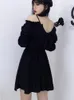 Casual Dresses JMPRS Large Size Gothic Women Black Mini Dress Sexy Off Shoulder High Waist Tunic Ladies Party Dress Long Sleeve V Neck Vestidos 230227
