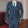 Herenpakken 110 kg Big Size Blue Retro Elegant Plaid Classic Huwelijk voor vriend 3-delige heren Prom Vintage Check Business